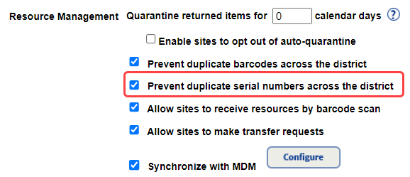 Destiny Administrator prevent duplicate serial numbers checkbox.